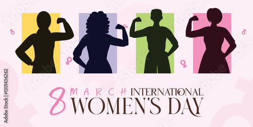 March 8 Women’s Day Banner & Post: 4 strong females in a stunning, empowering design. A tribute to all women. Perfect for social media & versatile projects. #March8 #WomensDay