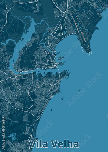The image showcases a detailed map of Vila Velha, a city in the state of Espírito Santo, Brazil. The map is rendered in a minimalist style, using a dark blue color palette for land and a lighter blue 