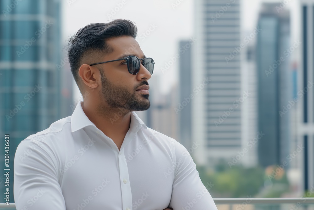 A man wearing a white shirt and sunglasses is standing in front of a city skyline. He is looking off into the distance, possibly lost in thought. Concept of solitude and contemplation A man wearing a white shirt and sunglasses is standing in front of a city skyline. He is looking off into the distance, possibly lost in thought. Concept of solitude and contemplation