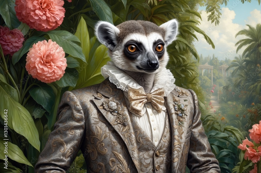 Fototapeta premium Elegant lemur dressed in formal attire surrounded by lush tropical foliage and vibrant flowers