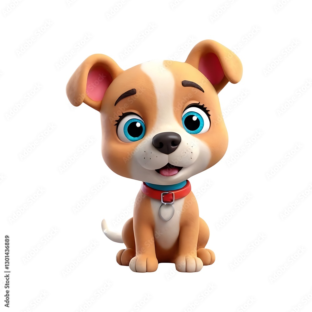 Fototapeta premium Cartoon dog with a red collar is sitting on a white background