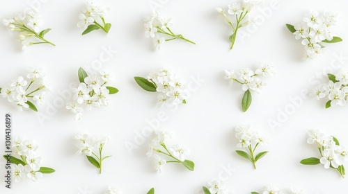 Various small white flowers and green leaves arranged on white background