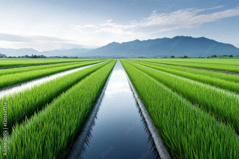 Naklejka premium Lush green rice paddies reflecting the clear blue sky and distant mountains in a tranquil rural landscape