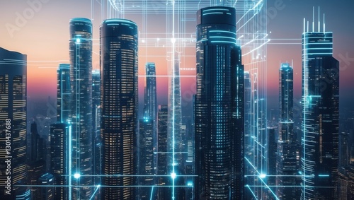 Wallpaper Mural Cityscape at sunset with tall buildings. Skyline shows network connections with lights, blue color and futuristic style. Torontodigital.ca