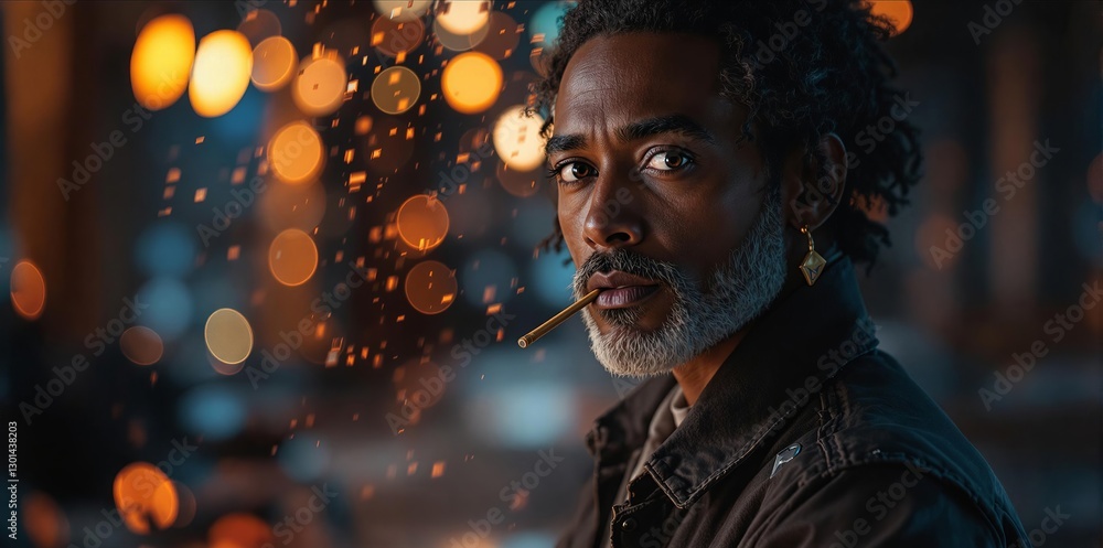 A man with dreadlocks and a cigarette in his mouth, set against a blurred background with bokeh lights. A man with dreadlocks and a cigarette in his mouth, set against a blurred background with bokeh lights.
