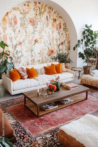 Cozy living room with floral wallpaper, stylish furniture, and warm accents creating a welcoming atmosphere for relaxation and social gatherings, interior design concept