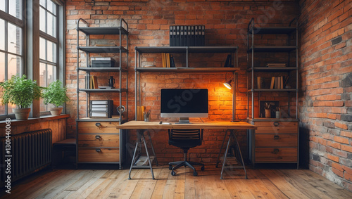 Wallpaper Mural Home office setup with desk, computer, chair, shelves and brick wall. Plants near window brings light in cozy orange tone interior. Torontodigital.ca