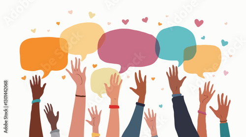 Diverse Hands Holding Colorful Speech Bubbles, Multicultural Communication Concept