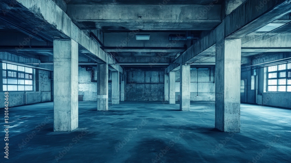Empty Industrial Building Interior Featuring Concrete Pillars and Dark Tones Empty Industrial Building Interior Featuring Concrete Pillars and Dark Tones