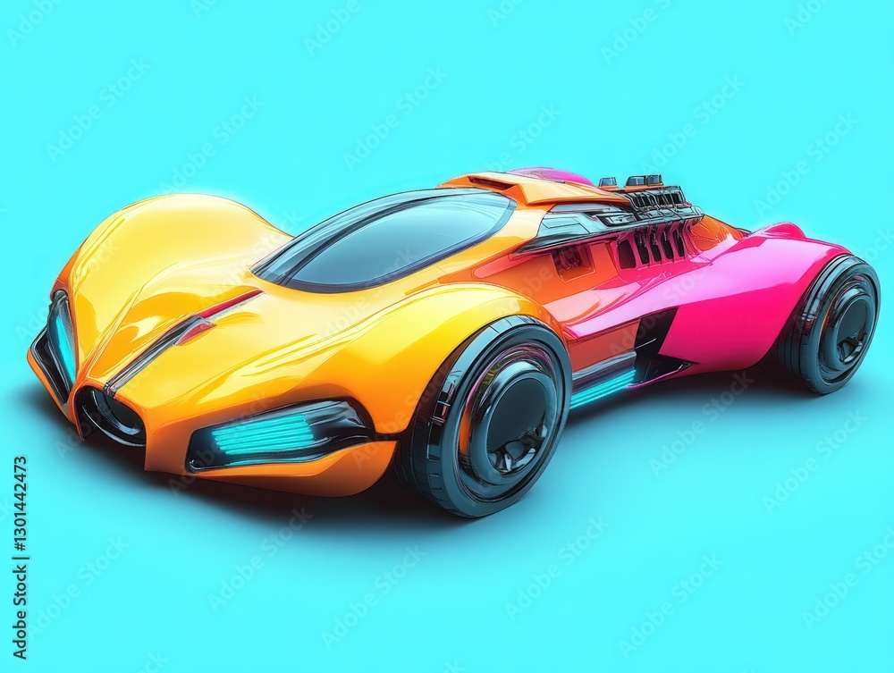 A futuristic, yellow and pink race car with a sleek, aerodynamic design is isolated on a blue background. A futuristic, yellow and pink race car with a sleek, aerodynamic design is isolated on a blue background.