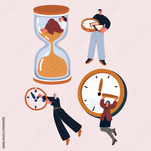 Cartoon vector illustration of people trying to turn back time, pulling the hands of clocks, extracting pieces of time, sitting in hourglasses, procrastinating