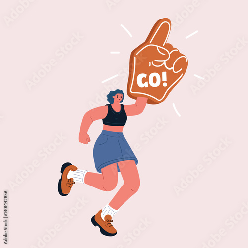 Cartoon vector illustration of a woman jumping with a foam hand, cheering and full of excitement