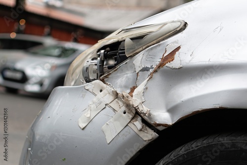 Damaged car. Close-up on a silver vehicle's front fender with dents, scratches, and tape repairs. Shows accident aftermath and repair attempts