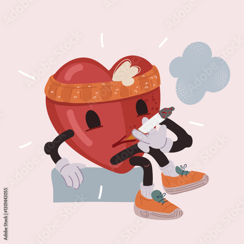 Cartoon vector illustration of a heart character sitting and smoking a cigarette after a workout, taking a "break" from all the cardio