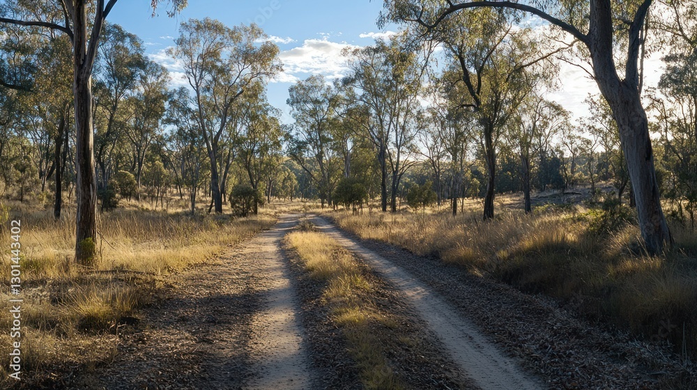 Obraz premium A sunny dirt road winds through a lush forest environment