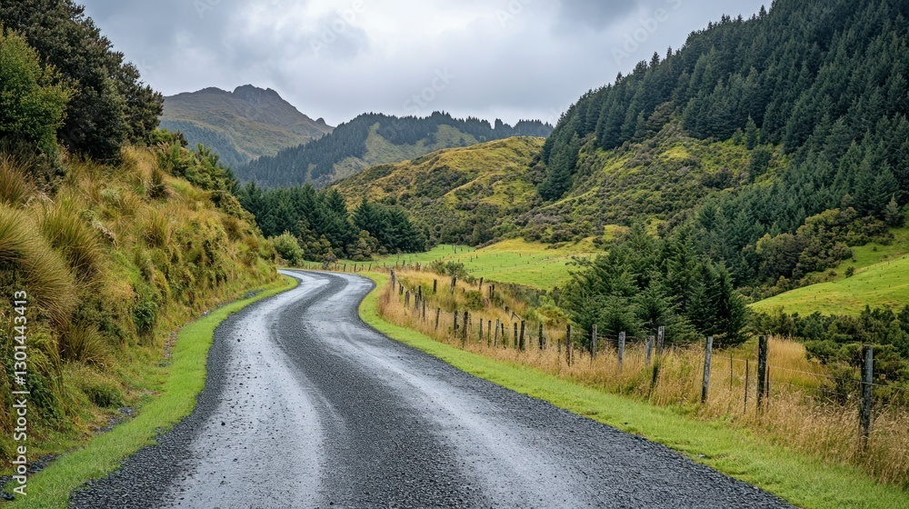 Fototapeta premium Winding gravel road through mountainous landscape under overcast sky