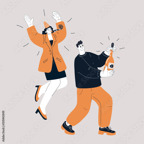 Cartoon vector illustration of a man popping champagne while a woman celebrates with excitement, wearing a party hat and blowing a party horn