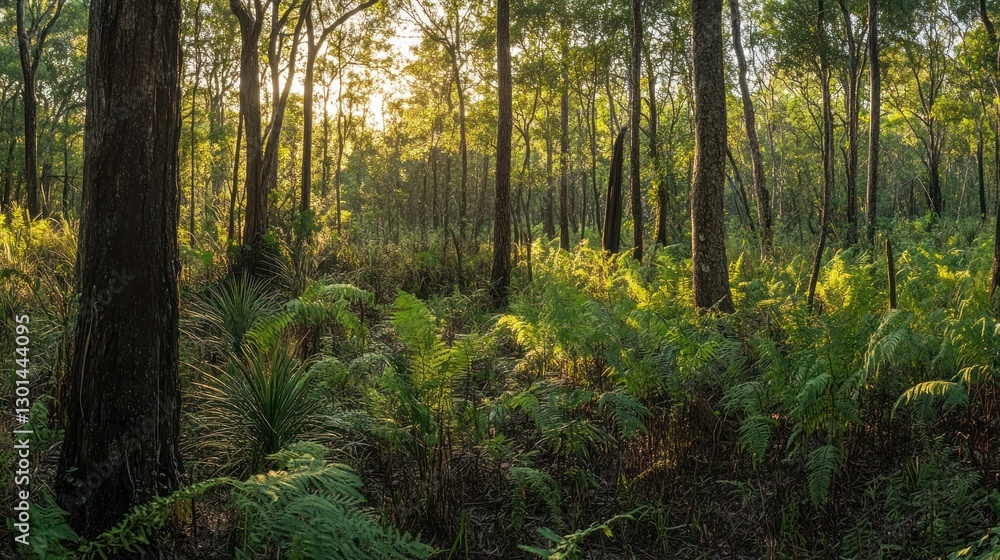 Obraz premium The forest is illuminated by soft sunlight through the trees