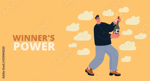 Cartoon vector illustration of a man joyfully unleashing champagne, celebrating a moment of triumph