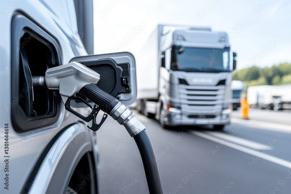 Fueling a delivery truck at a service station on a sunny day