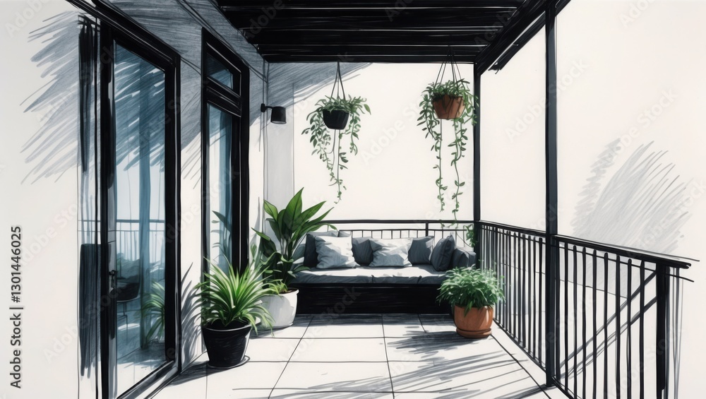Fototapeta premium Balcony sketch with plants and pillows on bench. Sunlight casts shadows on tile floor in outdoor space.