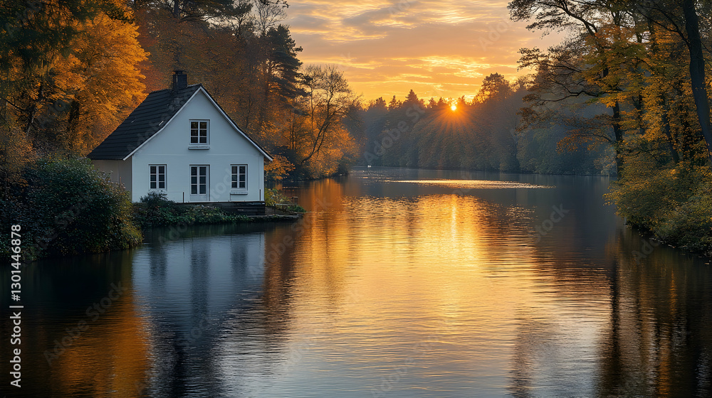 Fototapeta premium Autumnal Cabin by River at Sunset