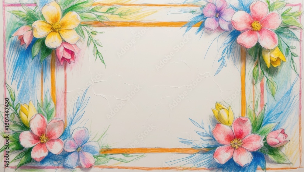 Pencil sketch flowers frame. Yellow pink and purple blossom with green leaves on white background. Decorative colorful floral design Pencil sketch flowers frame. Yellow pink and purple blossom with green leaves on white background. Decorative colorful floral design