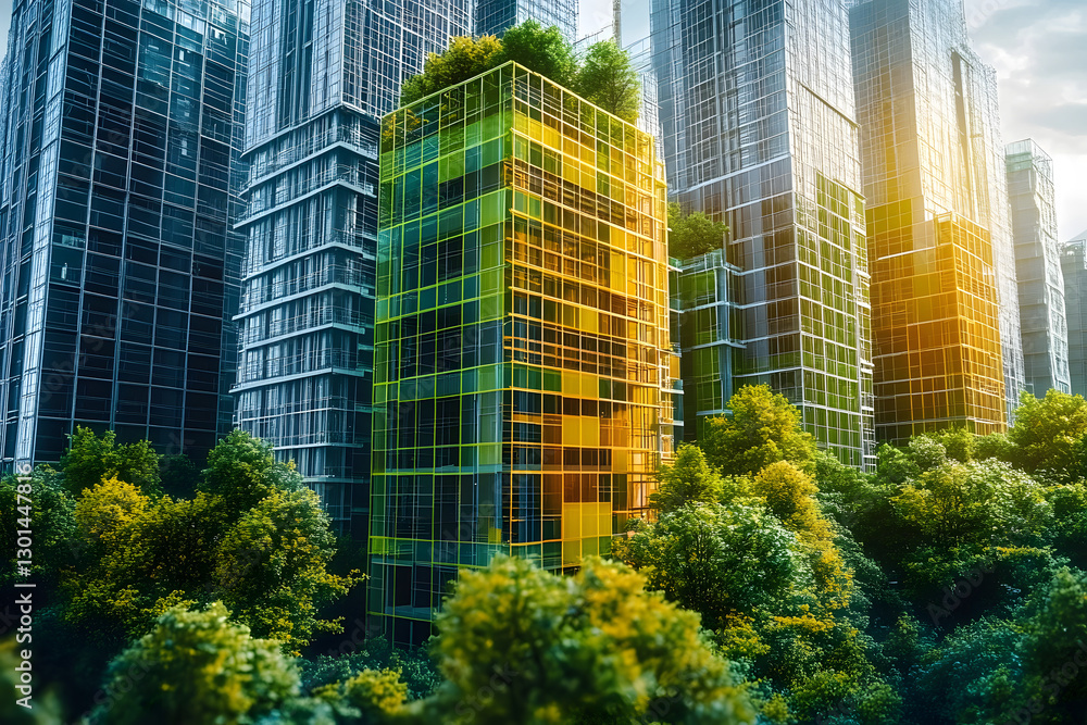 Obraz premium Eco-Friendly Construction: Sustainable Green Building Practices in Architectural Blueprints Digital Concept