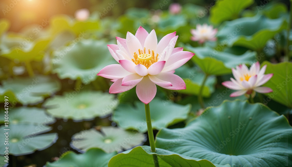 Fototapeta premium Mid-Autumn Festival. Lotus flower serenity in tranquil pond setting at noon, natural beauty
