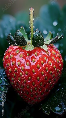 Dewy Strawberry Growing Among Green Leaves