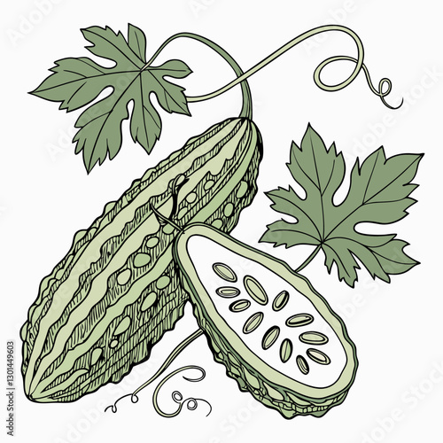 Realistic full-body vector artwork of bitter gourd with leaves
