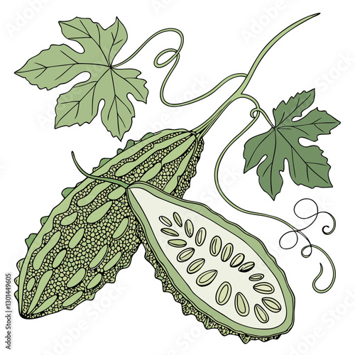 Realistic full-body vector artwork of bitter gourd with leaves