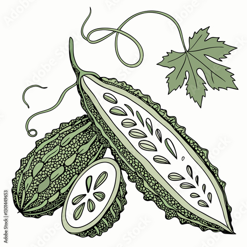 Realistic full-body vector artwork of bitter gourd with leaves