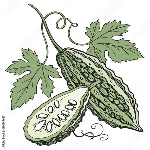 Realistic full-body vector artwork of bitter gourd with leaves