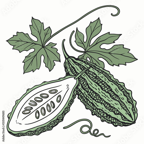 Realistic full-body vector artwork of bitter gourd with leaves