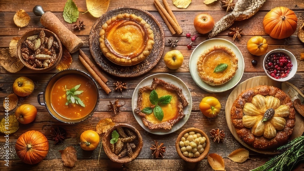Fototapeta premium Autumnal Harvest Feast A Rustic Table Setting with Pumpkin Pies, Soup, and Seasonal Ingredients