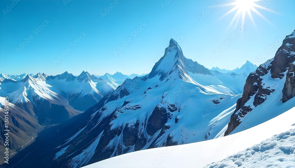 Obraz premium Una foto panorámica de una cadena montañosa bajo un cielo azul claro, con el Matterhorn en un lugar destacado. Las montañas están cubiertas de nieve, con crestas rocosas y picos visibles
