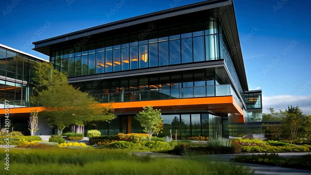Modern office building exterior with landscaping Modern office building exterior with landscaping