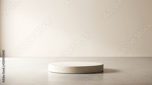 Round stone podium in an empty room with no shadows minimalistic design in beige colors. Stone stage for showcasing products. Dais blank copy space mock up for designers.