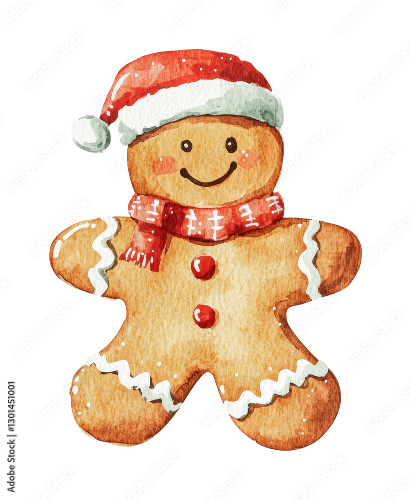 Fototapeta premium Cheerful gingerbread man wearing a red Santa hat and scarf during the Christmas holiday season for festive decorations or cards, cut out
