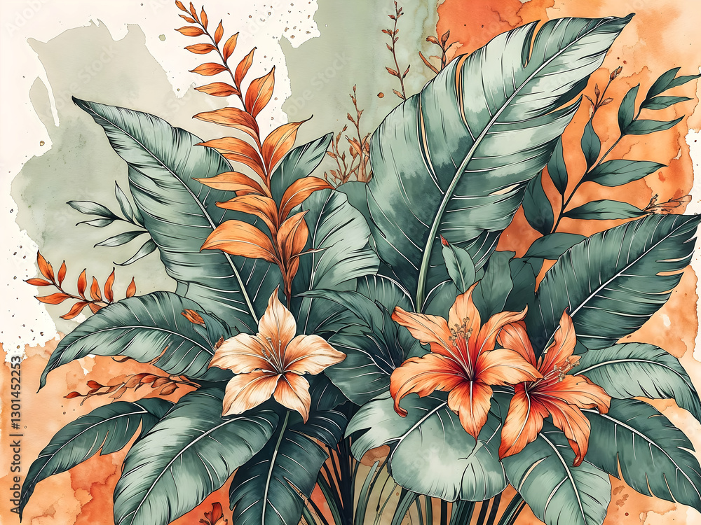 Flowers wall art, floral background, water colour painting, botanical wallpaper, artistic backdrop, template