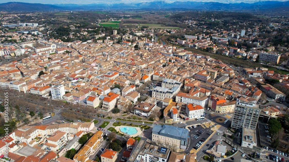 Aerial panoramic view around the old town of the city Montelimar in France on a sunny afternoon in spring.