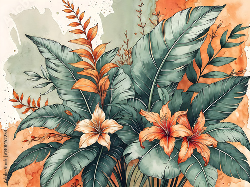 Obraz na płótnie Flowers wall art, floral background, water colour painting, botanical wallpaper, artistic backdrop, template w salonie