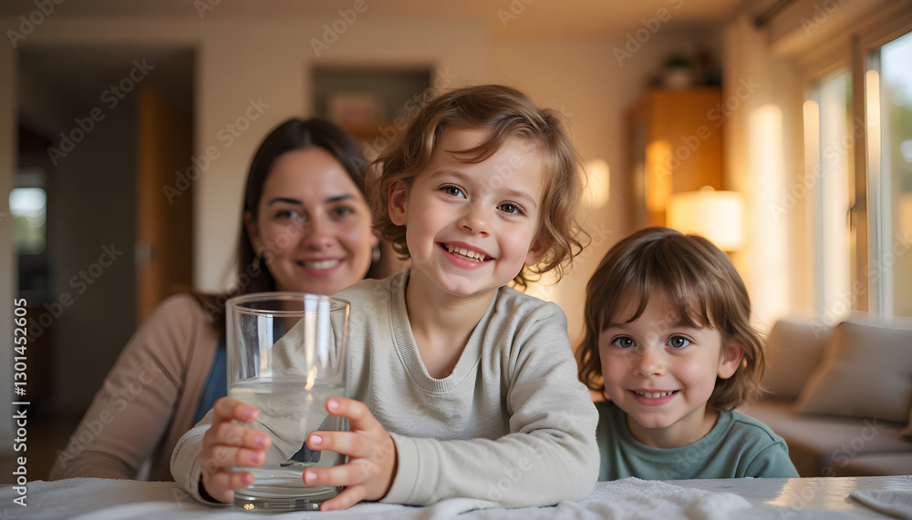 Family lifestyle photography of a child holding a glass of water, promoting healthy habits for World Health Day Family lifestyle photography of a child holding a glass of water, promoting healthy habits for World Health Day