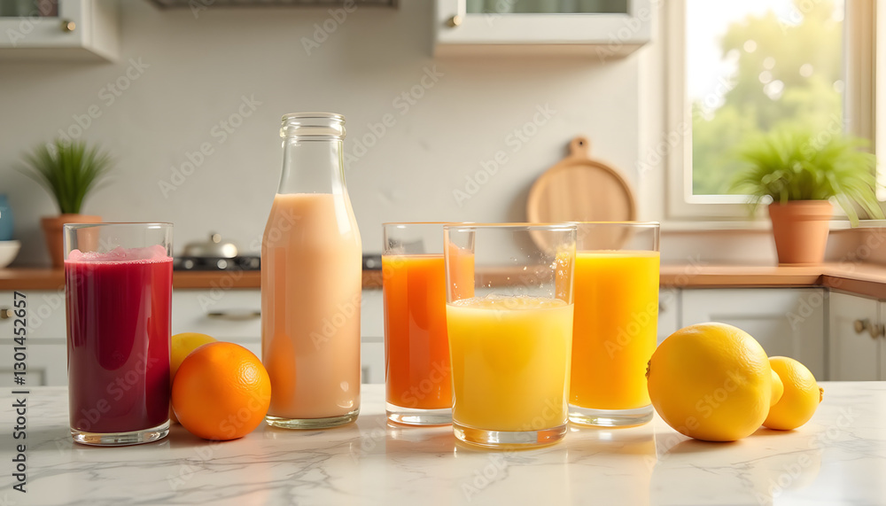 Still life photograph of glasses of juice on a kitchen counter for World Health Day Still life photograph of glasses of juice on a kitchen counter for World Health Day