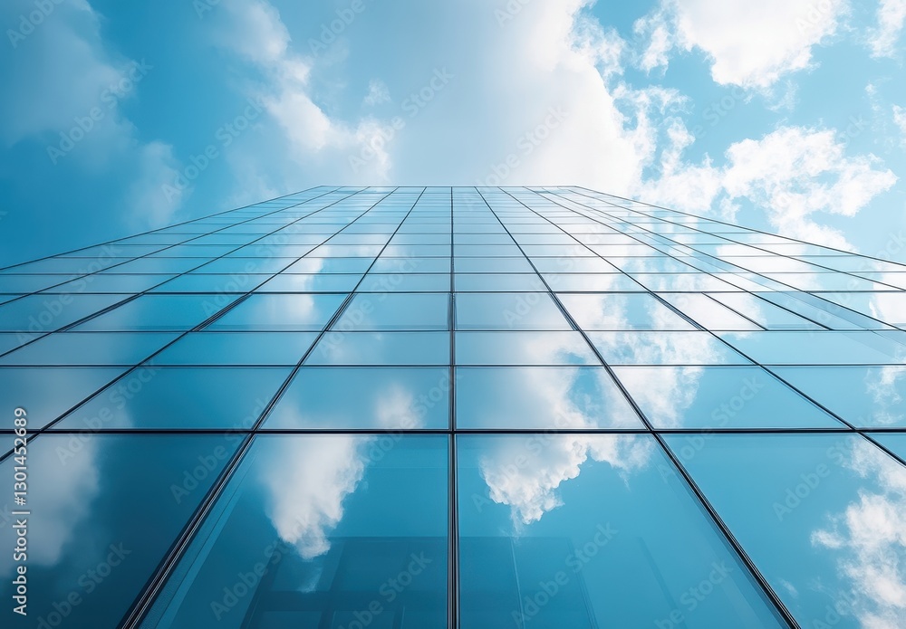 Looking Up at a Modern Glass Building Reflecting Clouds in a Bright Blue Sky with Beautiful Natural Light and Clear Reflection on a Sunny Day Looking Up at a Modern Glass Building Reflecting Clouds in a Bright Blue Sky with Beautiful Natural Light and Clear Reflection on a Sunny Day