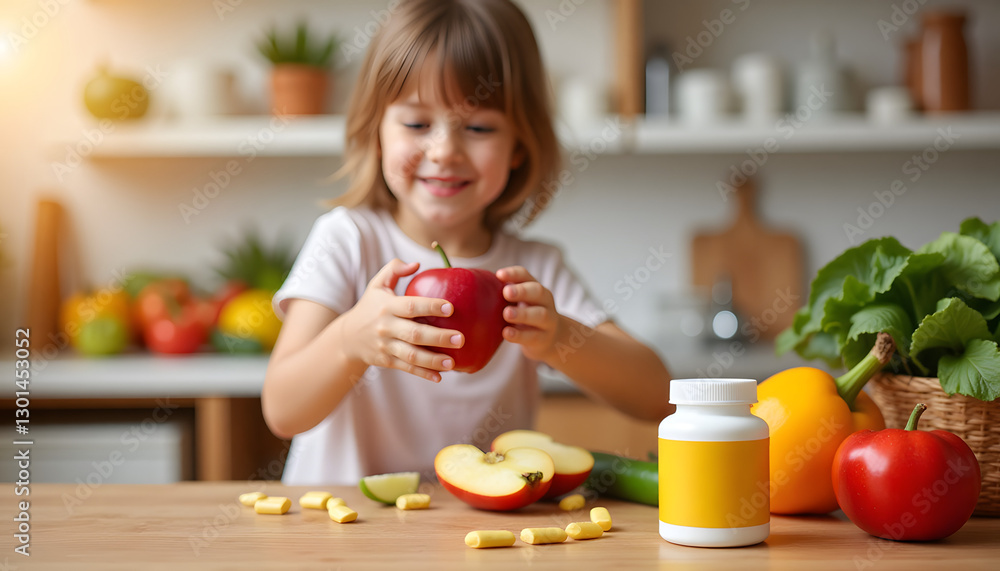 Family lifestyle photography of a vitamin bottle surrounded by fresh produce and a child reaching for an apple for World Health Day Family lifestyle photography of a vitamin bottle surrounded by fresh produce and a child reaching for an apple for World Health Day