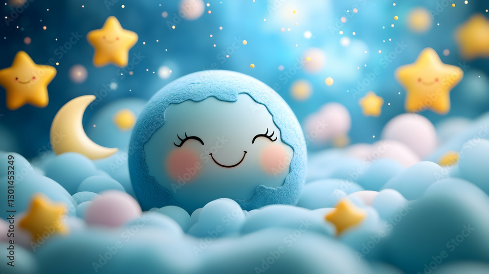 Cute Earth Sleeping in Cloud Night Sky Cute Earth Sleeping in Cloud Night Sky