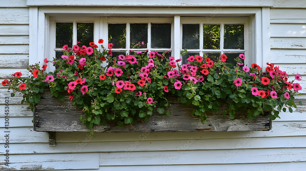 Fototapeta premium Colorful flowers in rustic wooden window box