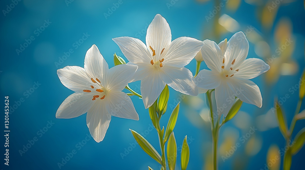 Naklejka premium Delicate white flowers in sunlight against a teal backdrop